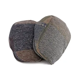 Retro British style newsboy cap in wool tweed and herringbone patchwork design