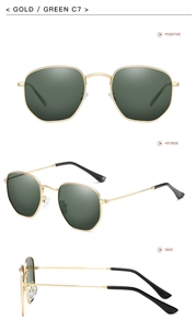Detailed multi-angle views of gold metal irregular sunglasses with dark green lenses