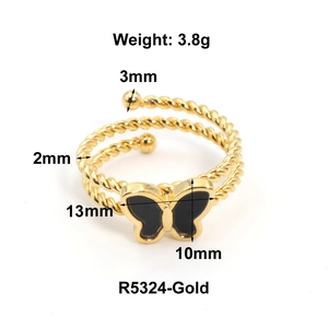 Detail view of gold butterfly ring with twisted band showing 13mm size and 3.8g weight