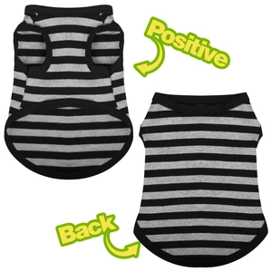 Detailed front and back view of a breathable cotton striped dog vest in black and grey