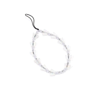 Detail of white pearl beads and transparent butterfly pendant on a handmade phone strap