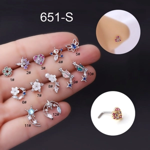 L-shaped stainless steel nose studs with colorful cubic zirconia in 12 trendy styles
