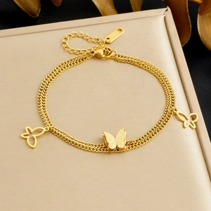 Frosted gold butterfly double chain stainless steel bracelet for women fashion accessory