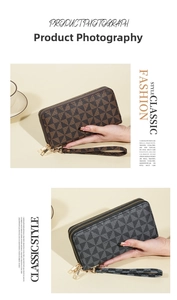 Detailed view of dual-zip long wallets with geometric pattern and wrist straps