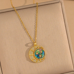 18K gold plated stainless steel crescent necklace with abalone shell and star pendant