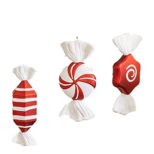 Set of 3 red and white candy-shaped Christmas tree ornaments with swirl patterns