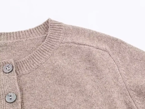 Detailed view of oatmeal knit cardigan with soft mohair texture and shell-style buttons