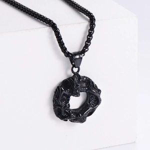Vintage black titanium steel dragon relief pendant with square pearl chain necklace