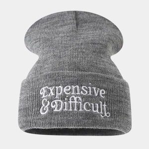Grey beanie hat with white Expensive & Difficult embroidery for street style