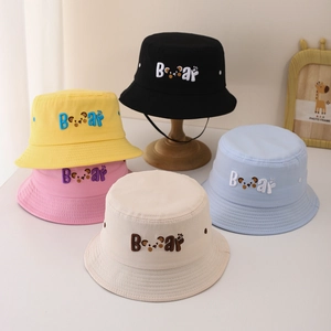 Chapeau Bob Enfant Coton Broderie Ours Protection Solaire Jugulaire Coupe-vent Dessin Animé Mignon Garçons Filles