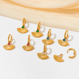 French retro fan-shaped earrings set with colorful zircons in gold-plated stainless steel