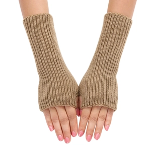 Knitted khaki fingerless gloves with striped texture for women stylish winter wrist warmers