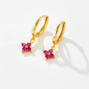 S925 silver hoop earrings with a gold finish and pink pear-shaped stone flower drop