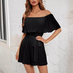 Elegant black off-the-shoulder pleated mini dress with a waist tie for a stylish summer look