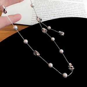 French vintage pearl necklace with gray beads and irregular silver lava pendant for women