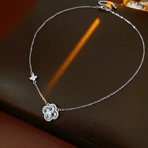 Collier Pendentif Trèfle À Fleurs En Zircon Cuivre Élégant Luxe Léger Chaîne De Clavicule Bijoux Pour Femmes