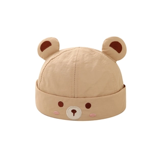 Beige baby skull cap with cute 3D bear ears and animal face embroidery