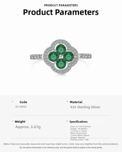 Detailed spec sheet of S925 silver clover ring with green zircon and 18K gold plating