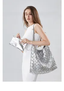 Silver metallic woven tote set with large shoulder bag and matching zipper pouch