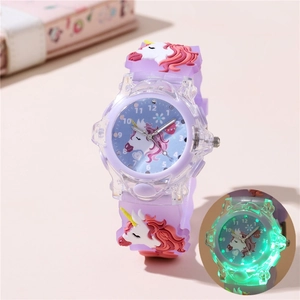 Kids Cartoon Unicorn LED Luminous Quartz Watch Glowing Silicone Strap Fashion Students Analog Wristwatch Round Transparent Case