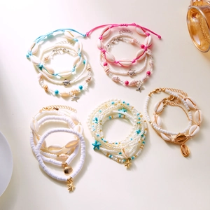 Bohemian multi-layer anklet set with colorful beads, natural shells and starfish charms