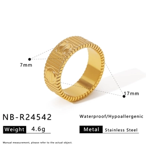 Detail view of 18K gold plated stainless steel ring with screw pattern and dimensions