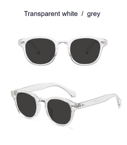 Vue détaillée de lunettes de soleil rondes blanc transparent avec verres gris et clous