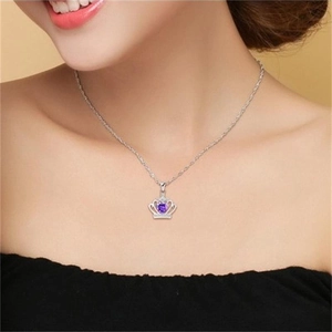 Elegant S925 sterling silver crown necklace with a purple heart-shaped stone for women