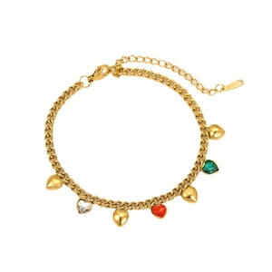 Gold stainless steel bracelet with multicolored heart charms and crystal accents