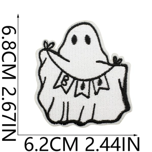 Detailed size specifications for Halloween ghost embroidery patch with BOO flag banner