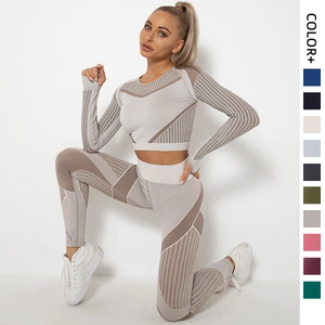 Abbigliamento Yoga Senza Cuciture Traforato da Donna Top a Maniche Lunghe e Leggings Fitness a Vita Alta