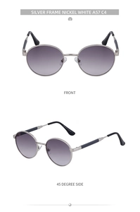 Front and side views of silver round sunglasses with purple gradient lenses