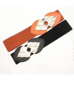 Elastic waist belts in orange and black with golden leaf buckles and PU leather detail
