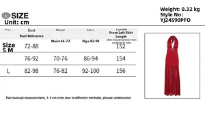 Detailed size chart for the elegant halter maxi dress showing S, M, and L dimensions