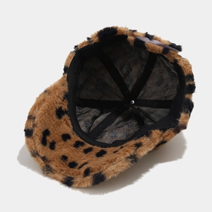 Detail of the leopard print faux fur baseball cap showing breathable mesh lining inside