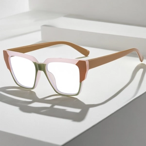Fashionable TR90 square frame glasses with pink, green, and camel tricolor block design