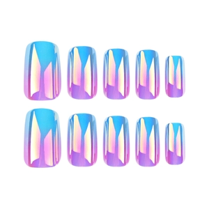 Blue-purple gradient holographic press-on nails with short square shape and metallic finish