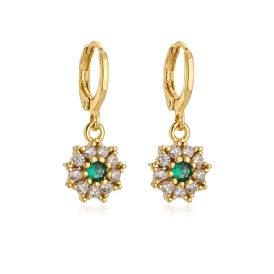 18K gold plated flower drop earrings with green zircon and crystal studs on white backdrop