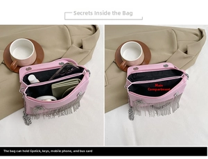 Detail view of the interior dual compartments and rhinestone tassels of the pink chain bag