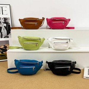 Stylish PU leather chain waist bags for women in six colors with dual zippers and adjustable straps