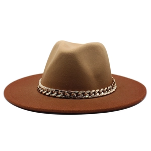 Two-tone gradient wool fedora hat with a wide brim and decorative gold chain link band