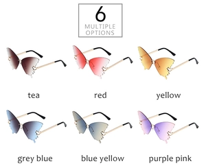 Detail view of butterfly oversized sunglasses in six gradient colors with gold metal frames