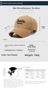 Guide des tailles pour casquette en coton avec tour de tête 56-60cm et mesures