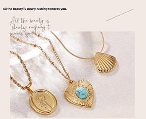 French vintage titanium steel gold necklaces with sunflower and turquoise heart charms