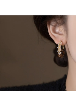 Close-up of vintage earrings with sparkling zircons and brown tiger eye stone