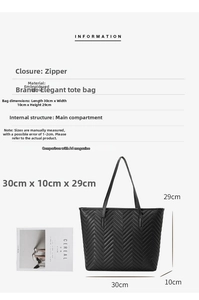 Size specifications and dimensions of the embroidered tote bag showing length and height