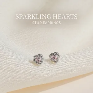 Sparkling pink heart-shaped S999 silver stud earrings with halo micro-paved white zircons