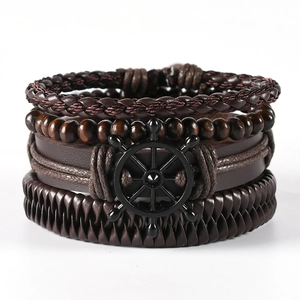 Men's multilayered brown leather bracelet featuring wooden beads and rudder charm
