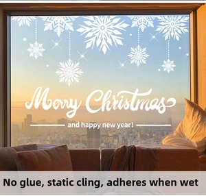 Detailed view of white snowflake electrostatic window stickers with Merry Christmas text