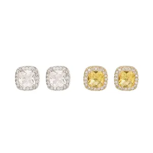 Fashionable square zircon stud earrings with yellow and clear stones in classic settings